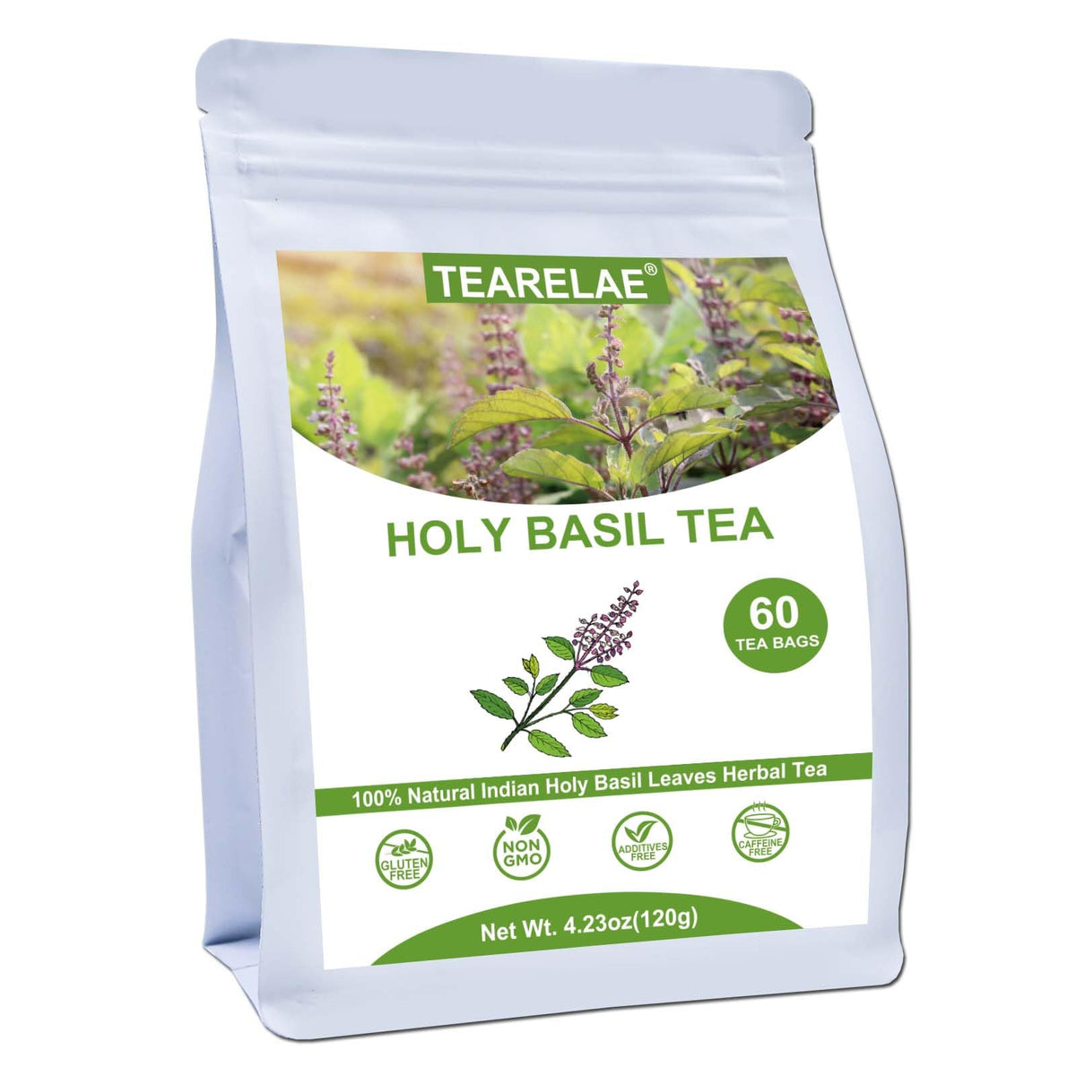 TEARELAE Holy Basil Tea Bags front packaging, ideal for daily relaxation and gentle digestion support.