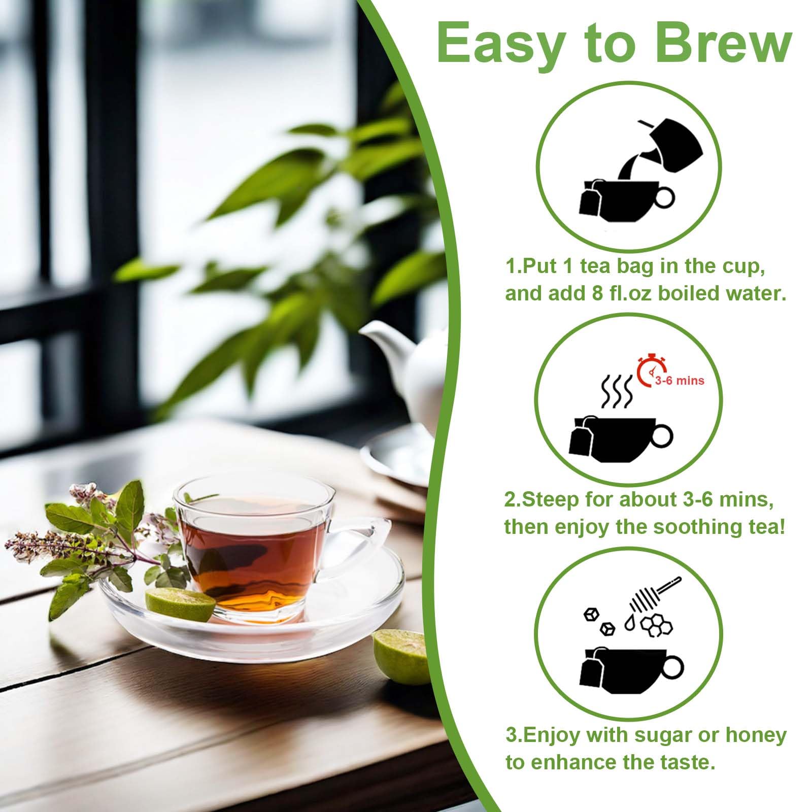 TEARELAE Holy Basil Tea brewed cup, aromatic and soothing for evenings.