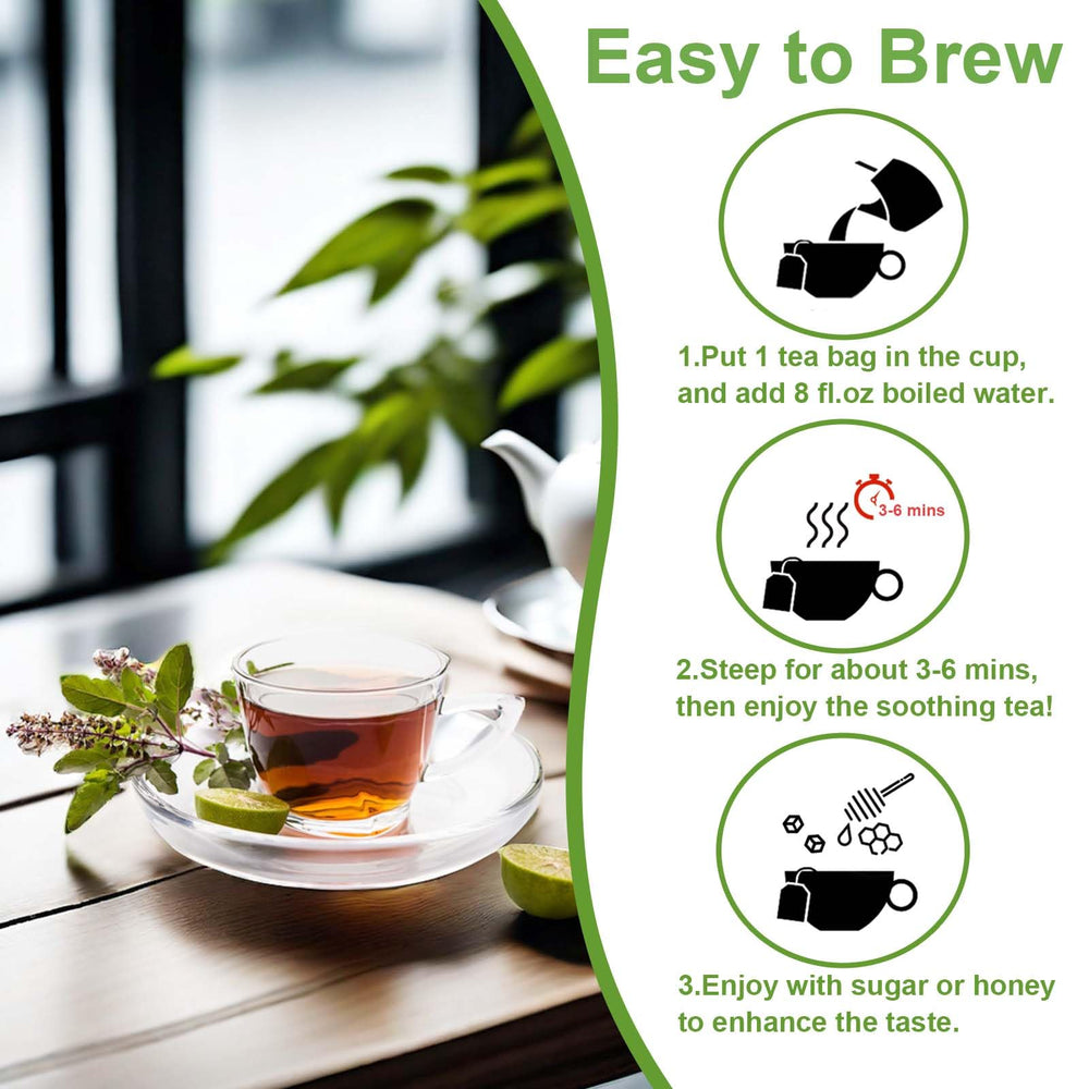 TEARELAE Holy Basil Tea brewed cup, aromatic and soothing for evenings.