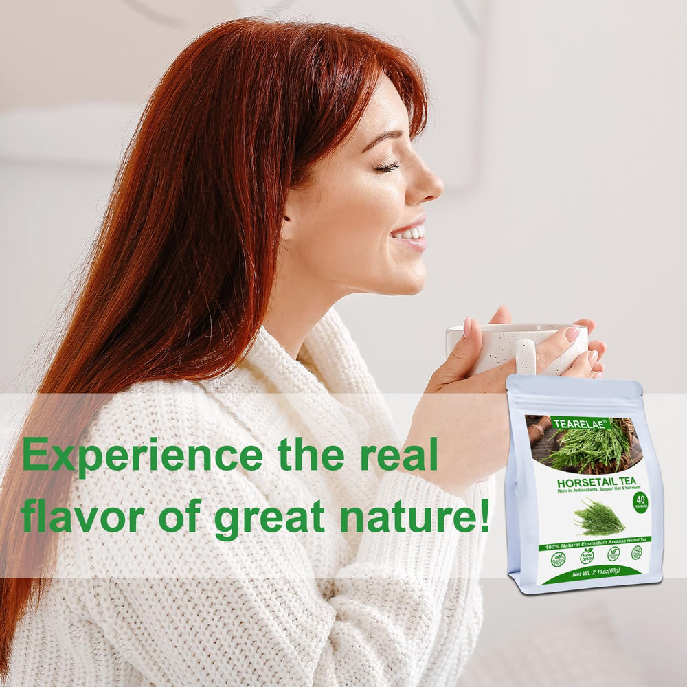 TEARELAE horsetail tea bag in hand ready for daily ritual