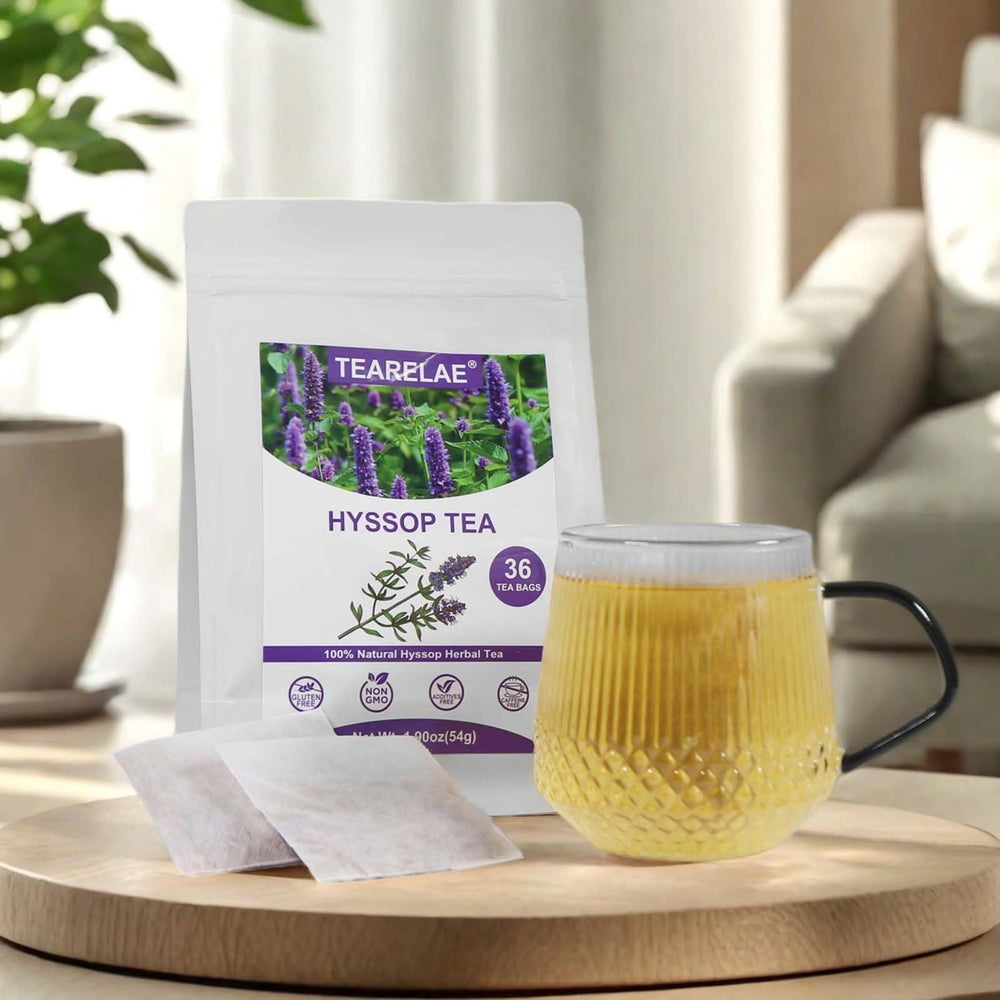 TEARELAE Hyssop Tea brewed cup, ideal for warm comfort after meals.