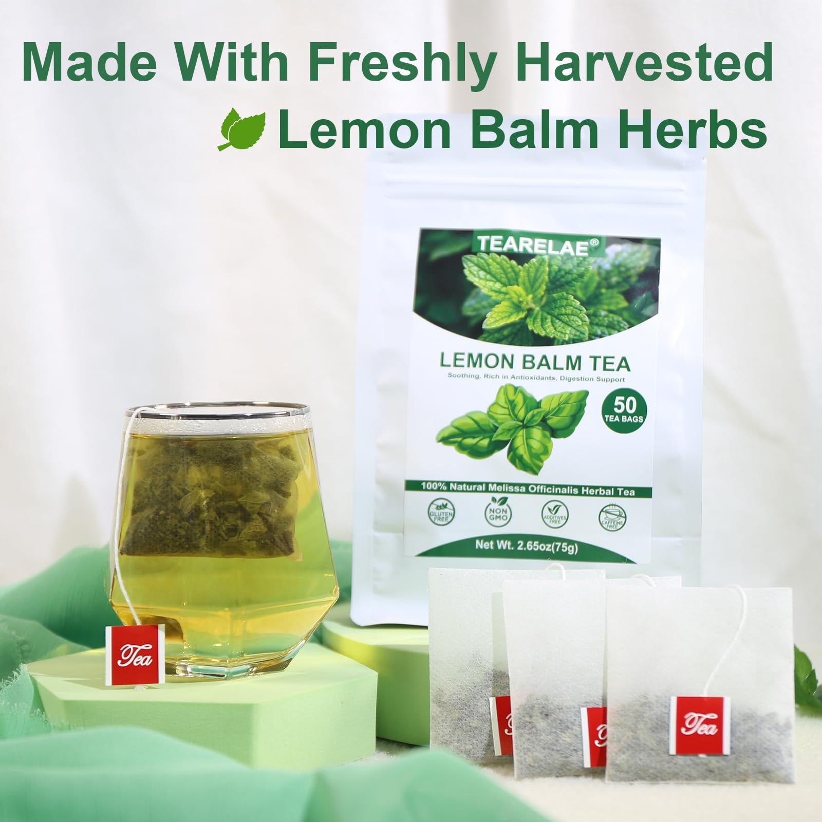 TEARELAE Lemon Balm Tea Bag loose leaves close-up show natural herbs.