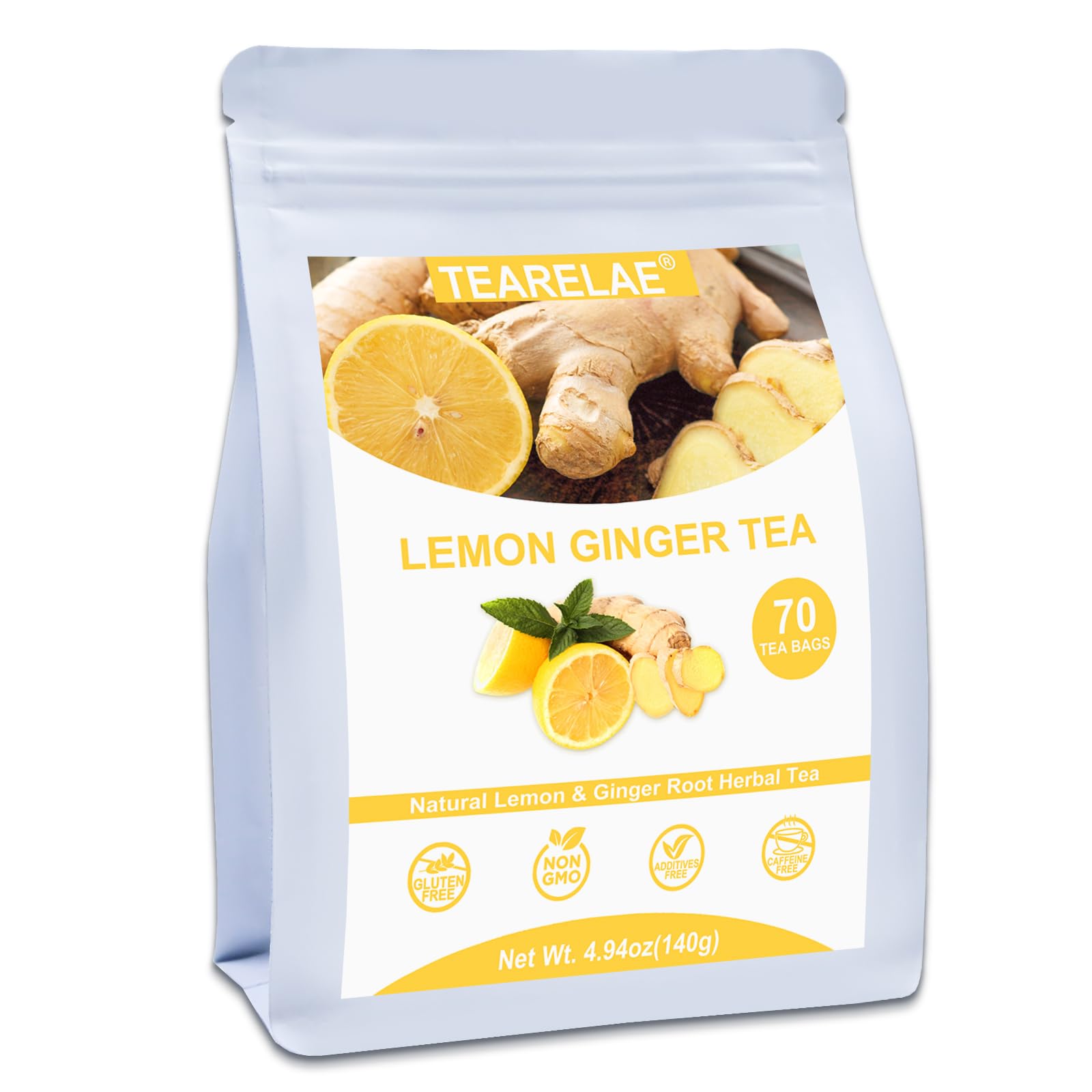 TEARELAE Lemon Ginger Tea bags 70-count packaging showcases natural ingredients for a comforting, caffeine-free cup.