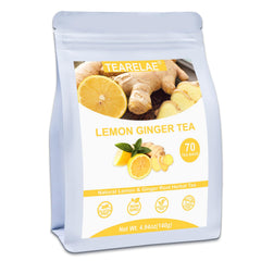 TEARELAE Lemon Ginger Tea bags 70-count packaging showcases natural ingredients for a comforting, caffeine-free cup.