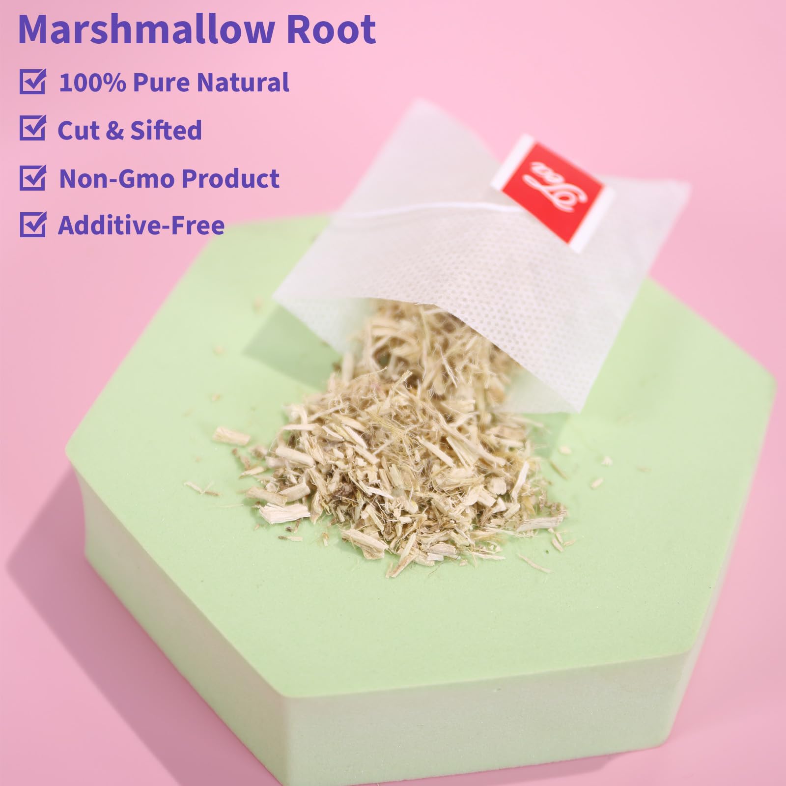 TEARELAE Marshmallow Root Tea packaging highlights premium, non-GMO ingredients.