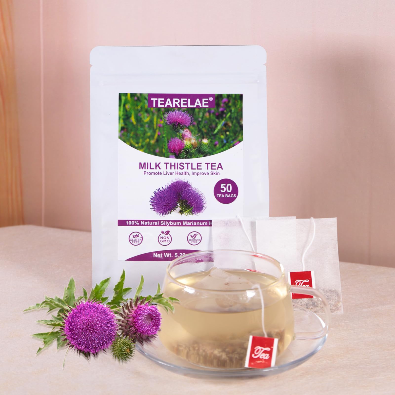 Dried milk thistle seeds used in TEARELAE tea for natural flavor.
