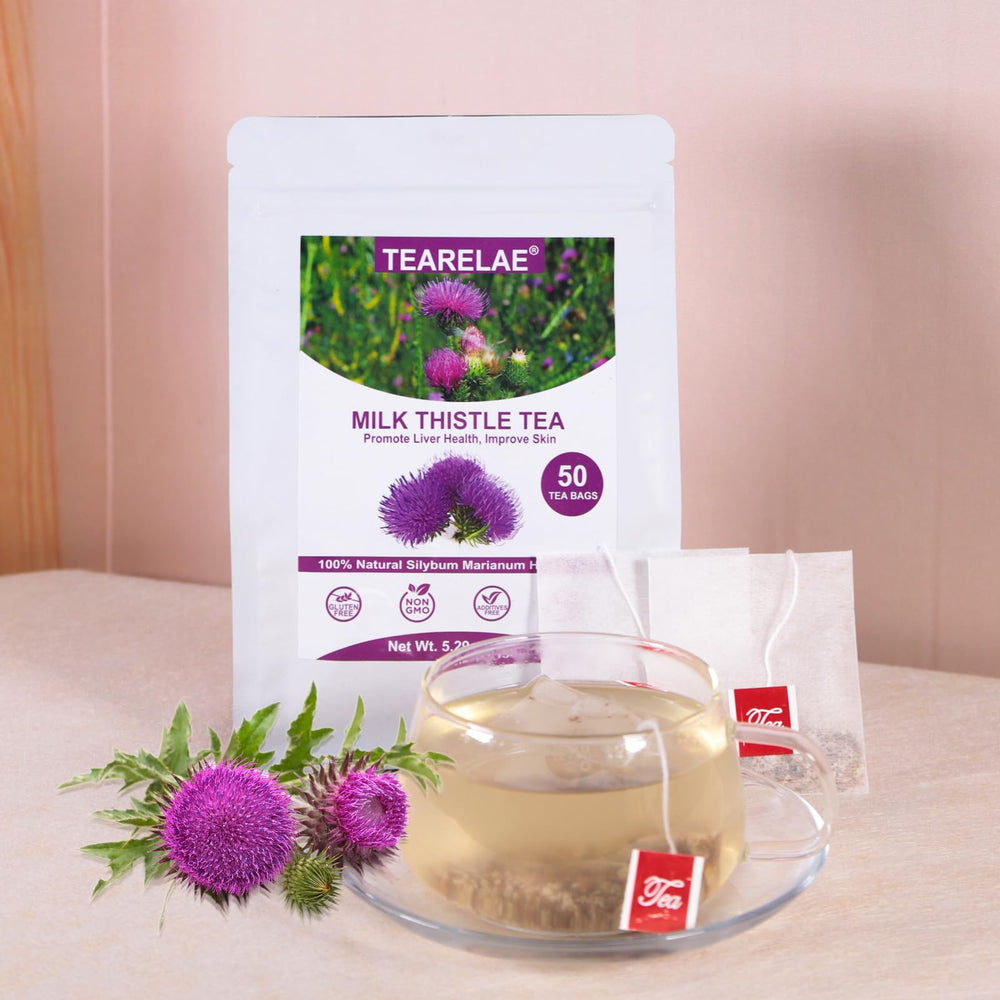 Dried milk thistle seeds used in TEARELAE tea for natural flavor.