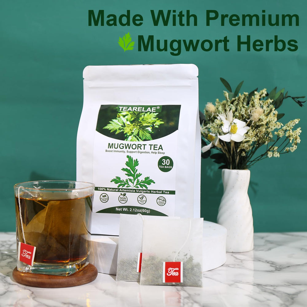 TEARELAE mugwort dried granules in a jar for quick infusion.