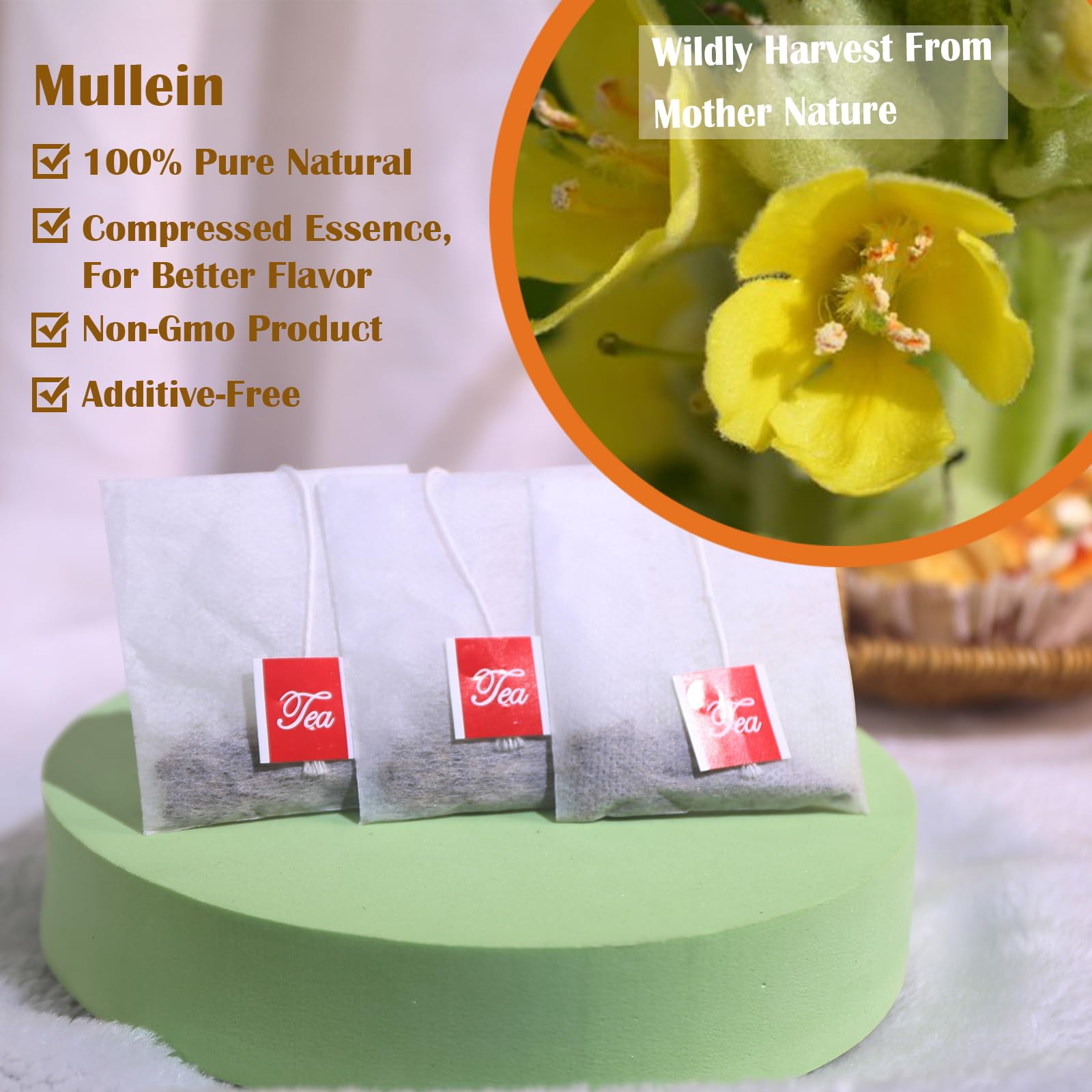 TEARELAE mullein tea bags closeup granules highlight fresh, earthy flavor.