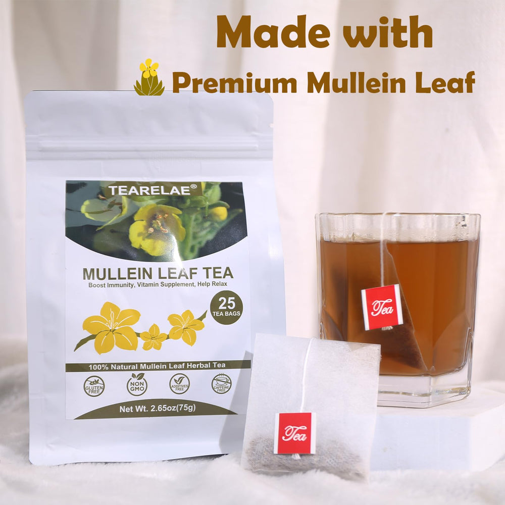 TEARELAE mullein tea bags open packet reveals natural leaves and pure aroma.