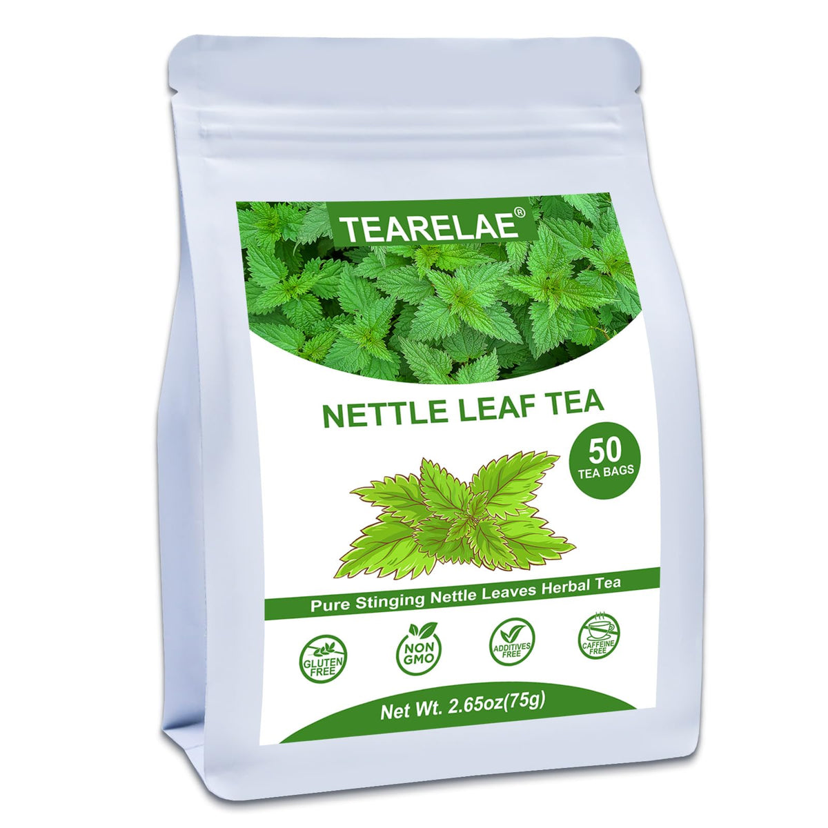 TEARELAE nettle leaf tea bag close-up showing pure, earthy flavor.
