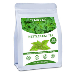 TEARELAE nettle leaf tea bag close-up showing pure, earthy flavor.