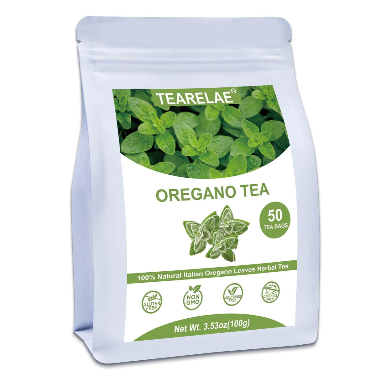TEARELAE oregano tea bags in packaging close-up highlighting freshness