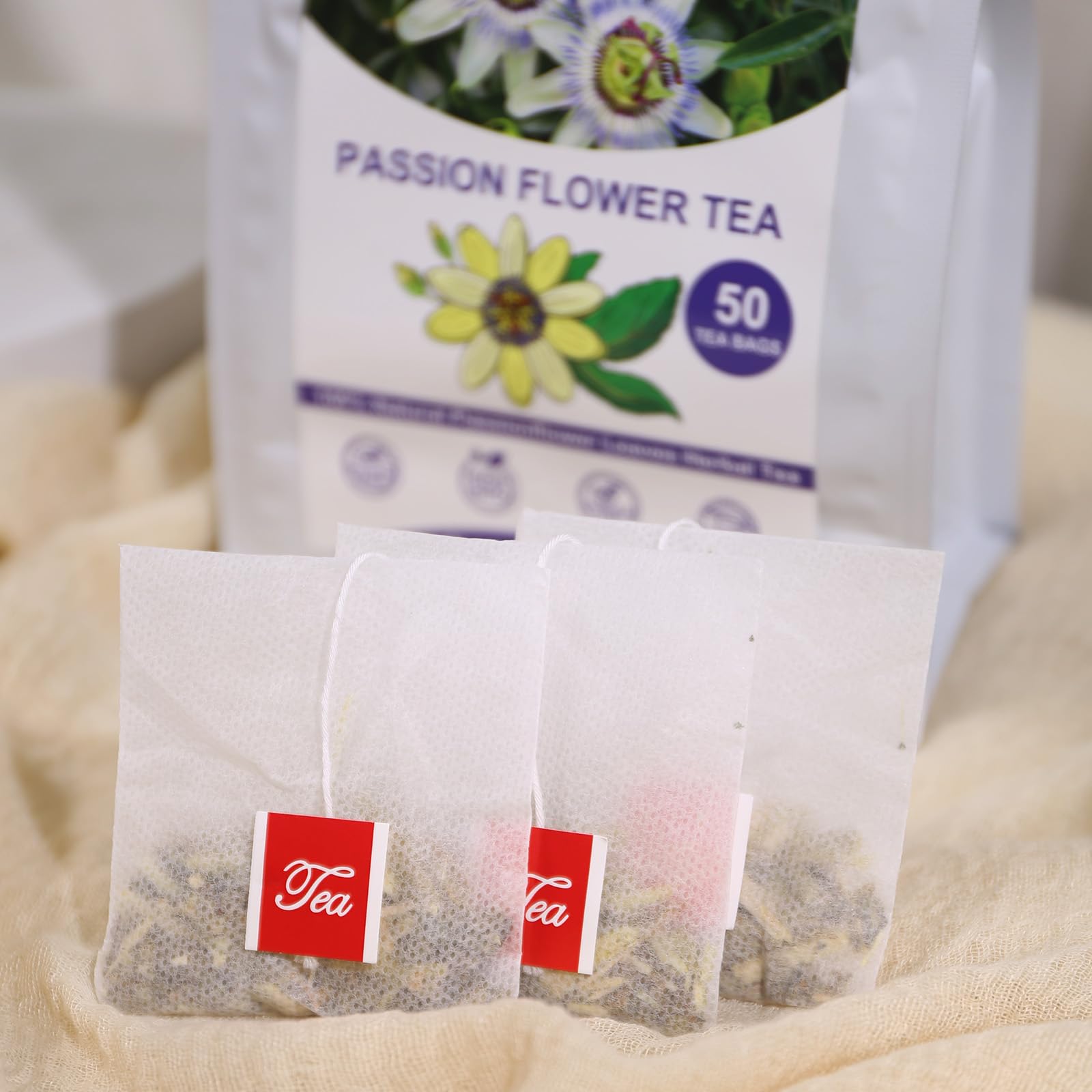 Dried passion flowers and leaves used by TEARELAE for pure herbal tea