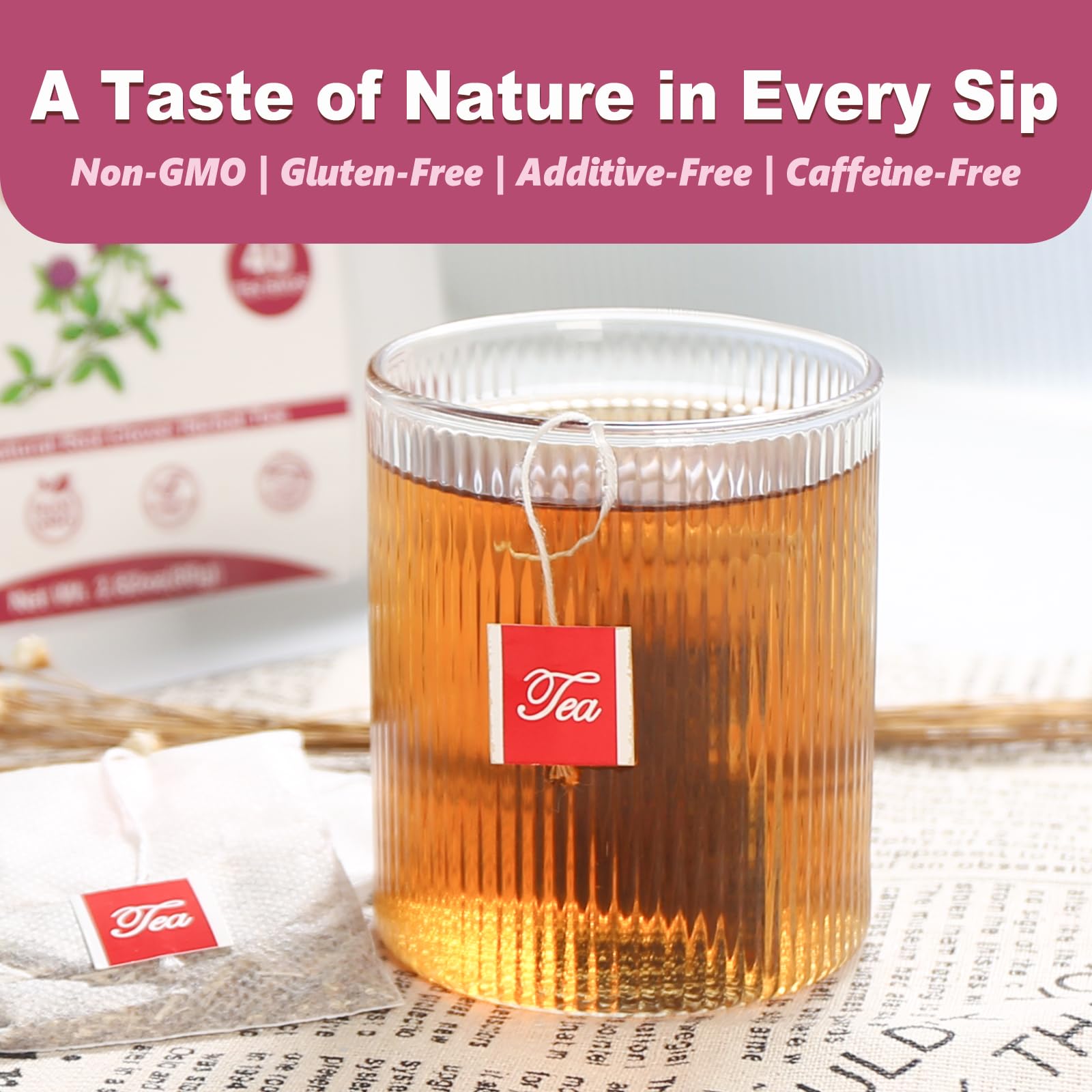 TEARELAE red clover tea cup ready for a caffeine-free, soothing sip.