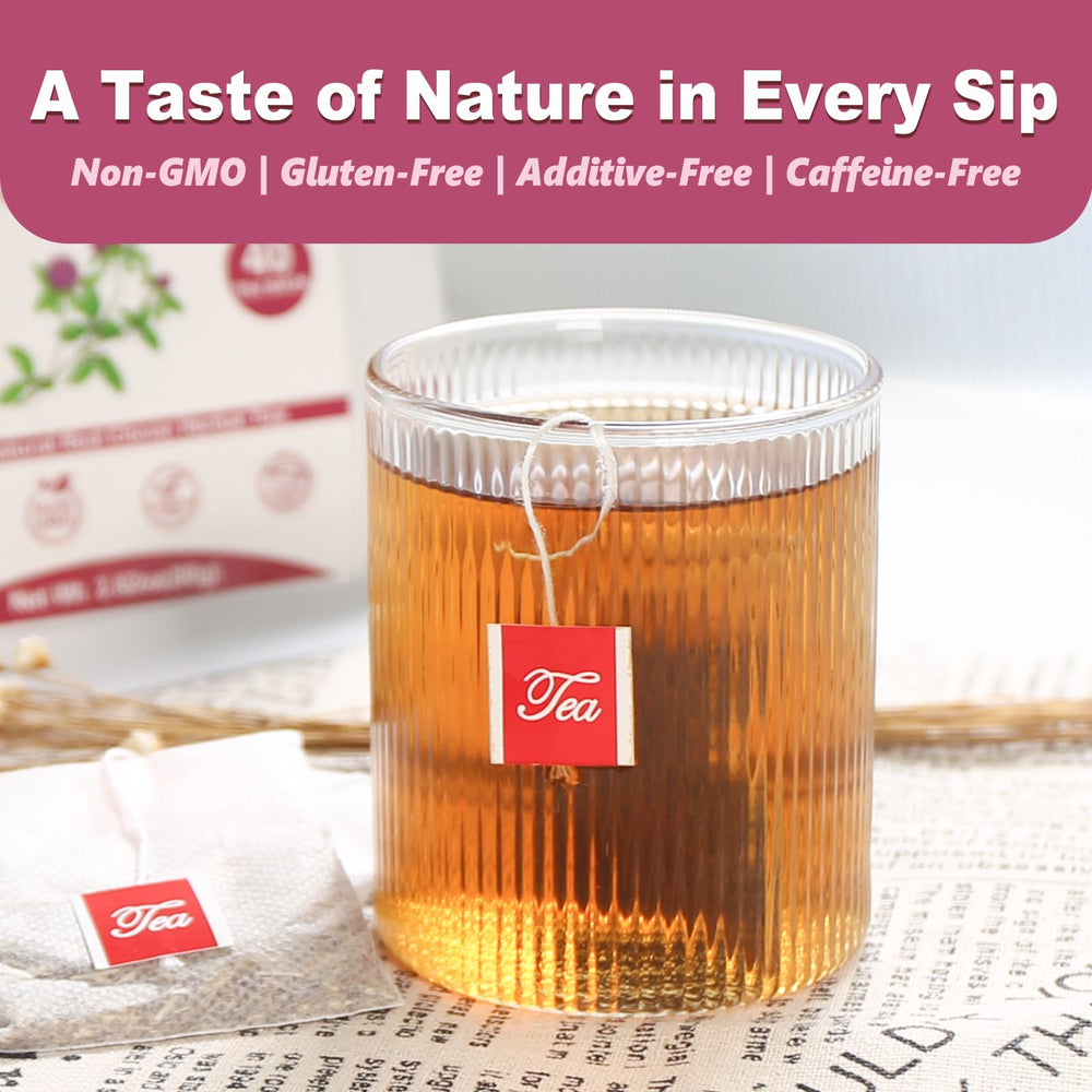 TEARELAE red clover tea cup ready for a caffeine-free, soothing sip.