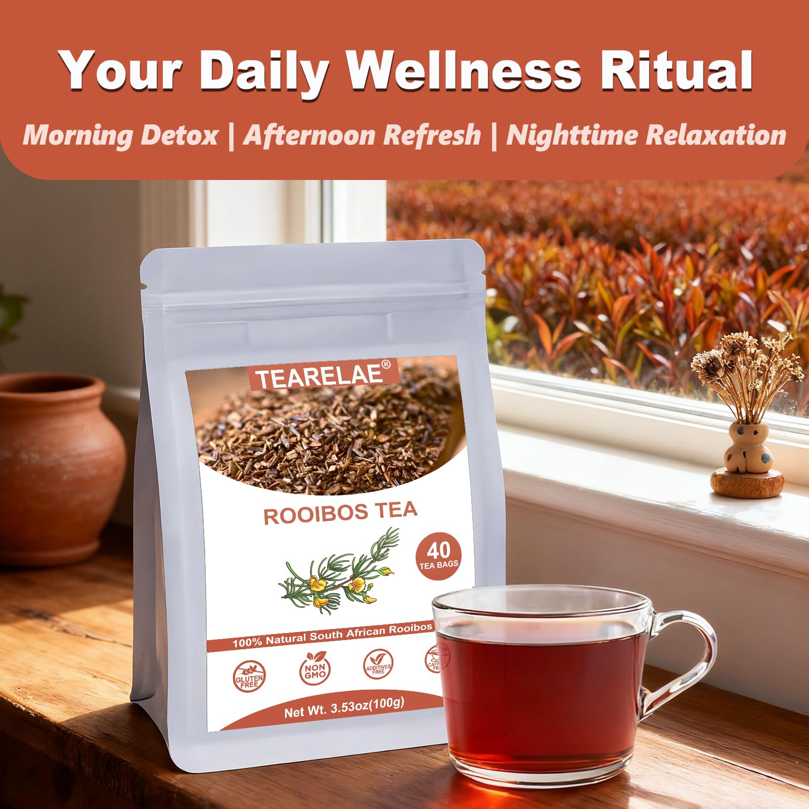 TEARELAE Rooibos amber-red brew in a mug.