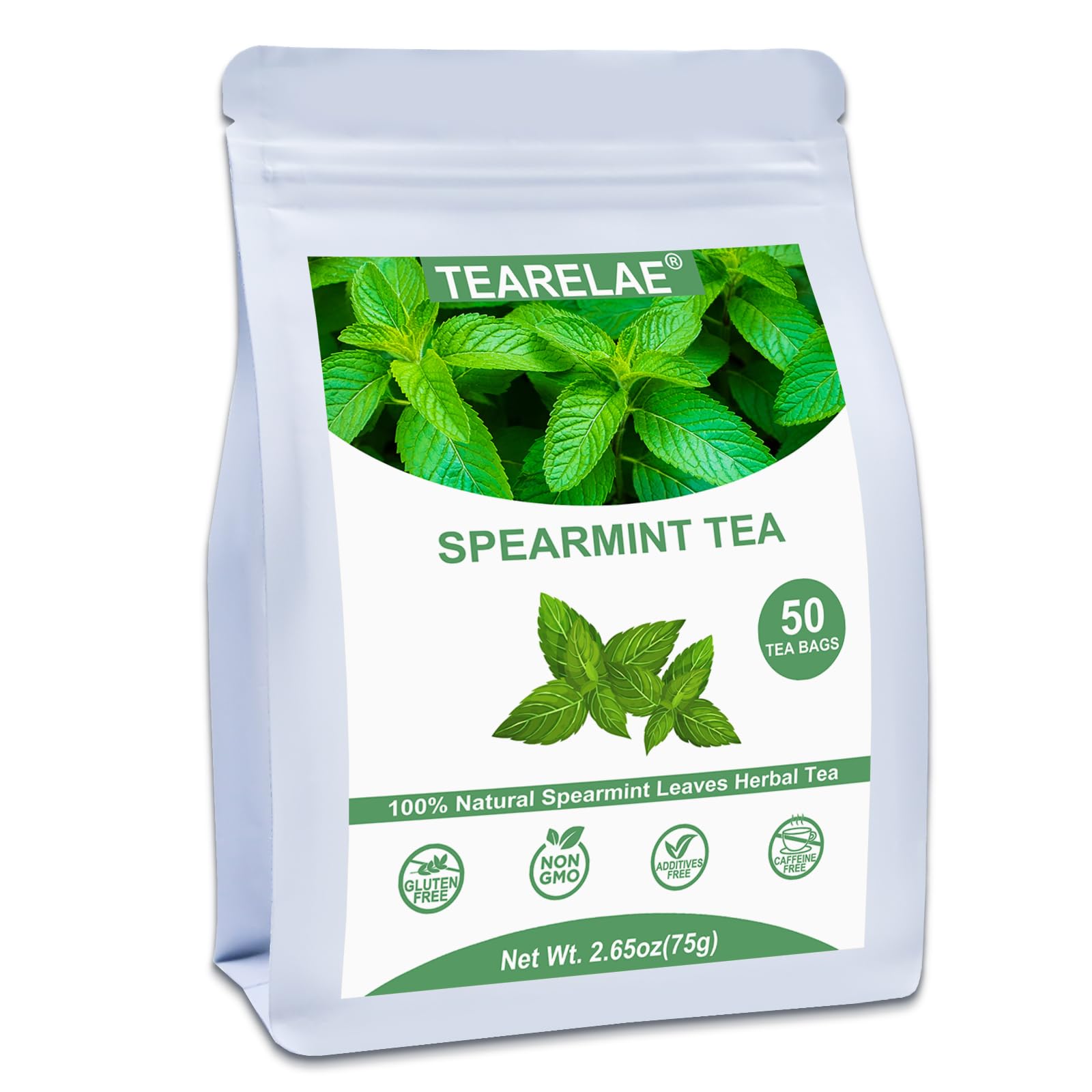TEARELAE spearmint tea bag closeup shows natural leaves for a pure, refreshing sip.