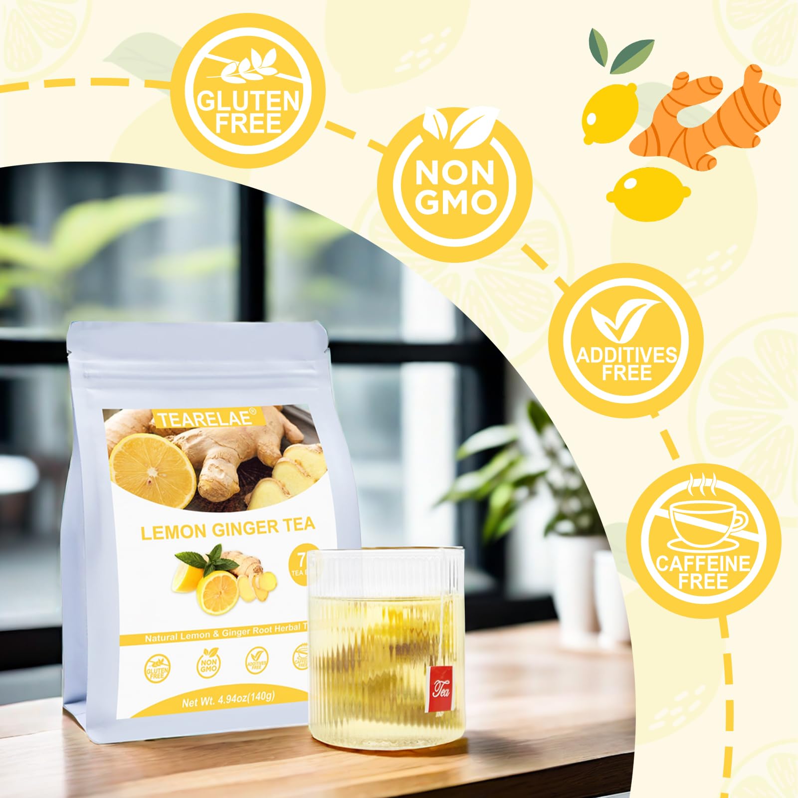 TEARELAE steeped cup shows lemon and ginger aroma delivering a refreshing, soothing beverage.