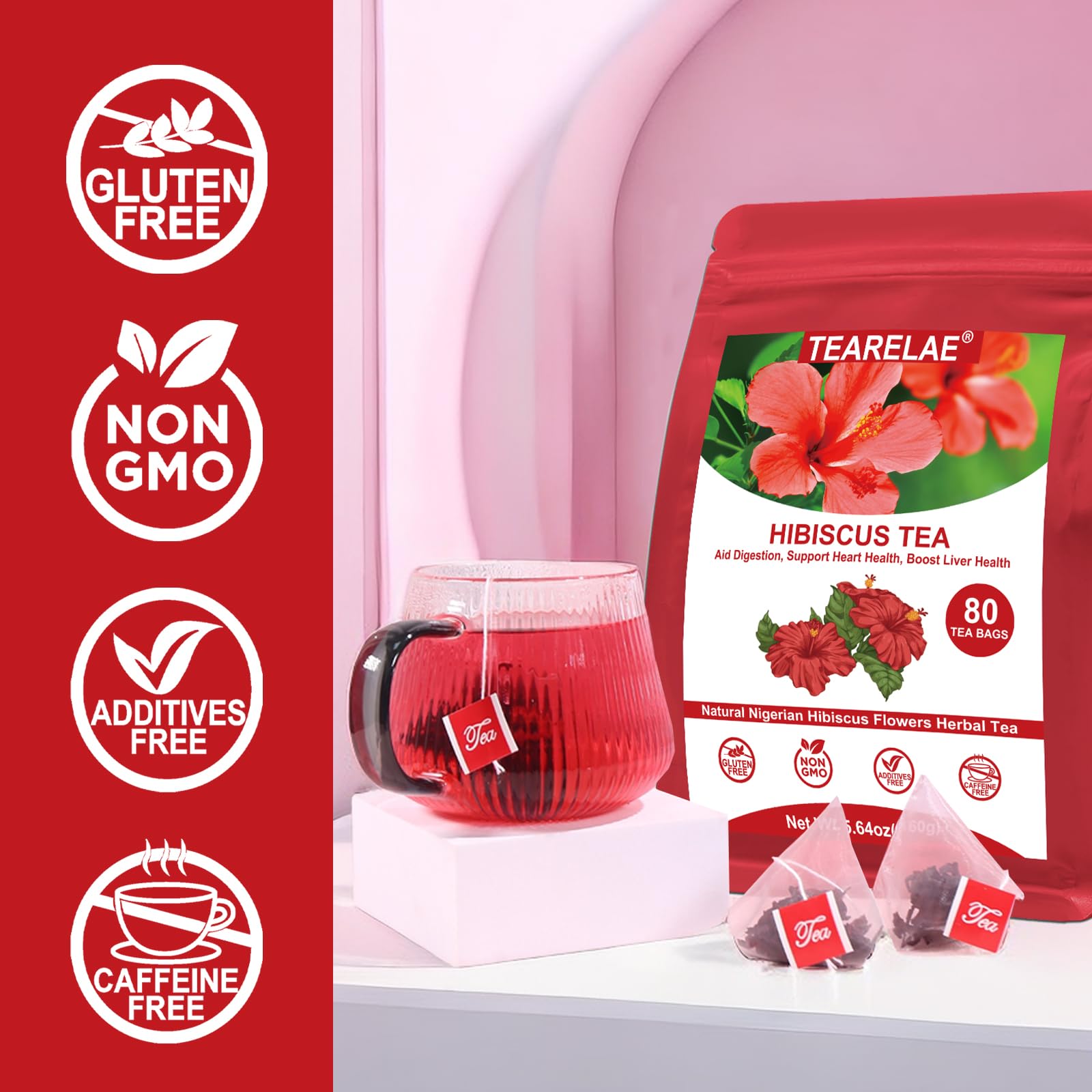 TEARELAE steeped hibiscus infusion in a glass with deep red color
