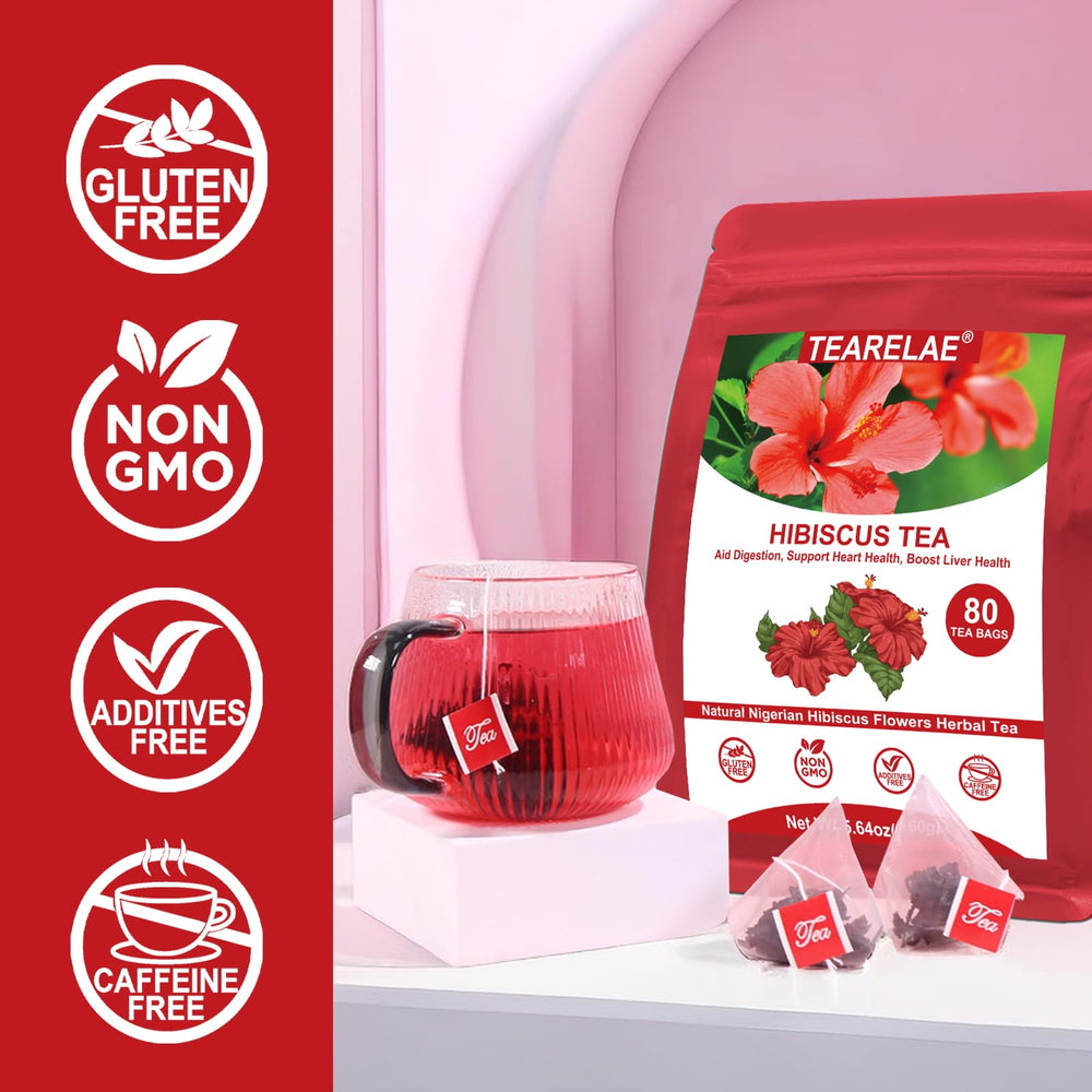 TEARELAE steeped hibiscus infusion in a glass with deep red color