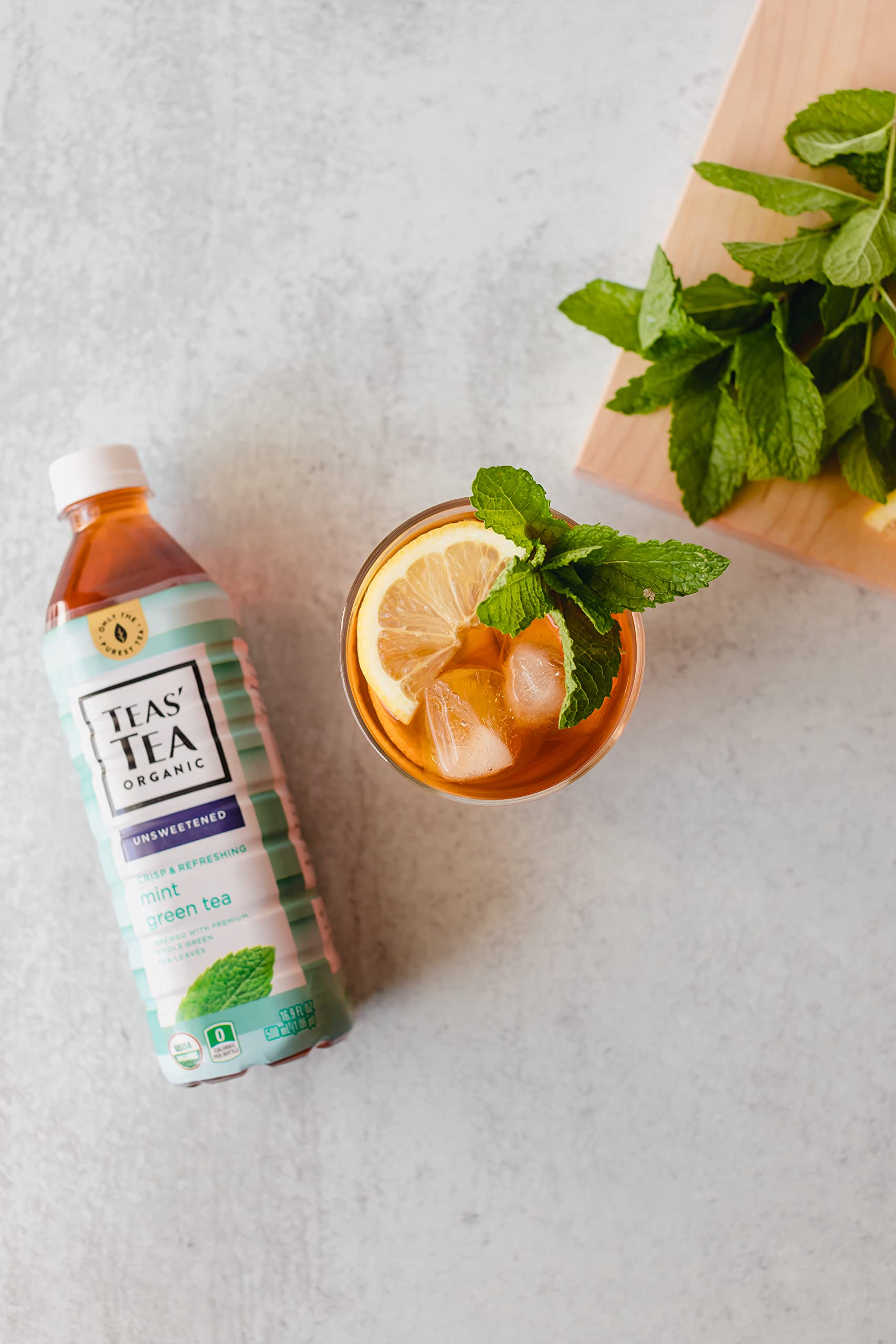 Teas' Tea bottle with mint infusion signals antioxidant and vitamin C content.