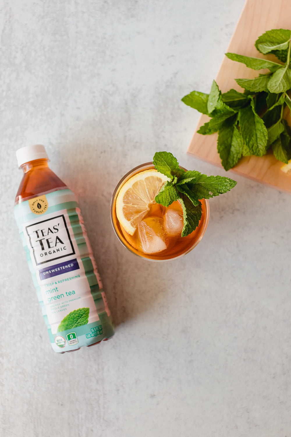 Teas' Tea bottle with mint infusion signals antioxidant and vitamin C content.