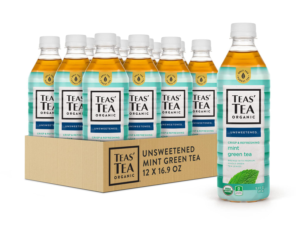 Teas' Tea unsweetened mint green tea bottles for a refreshing on-the-go break.