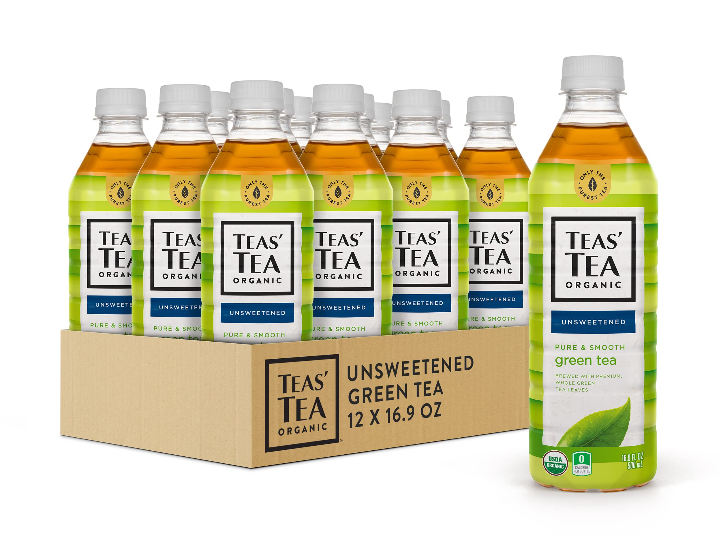 Teas' Tea Unsweetened Pure Green Tea bottle on ice, crisp and calorie-free