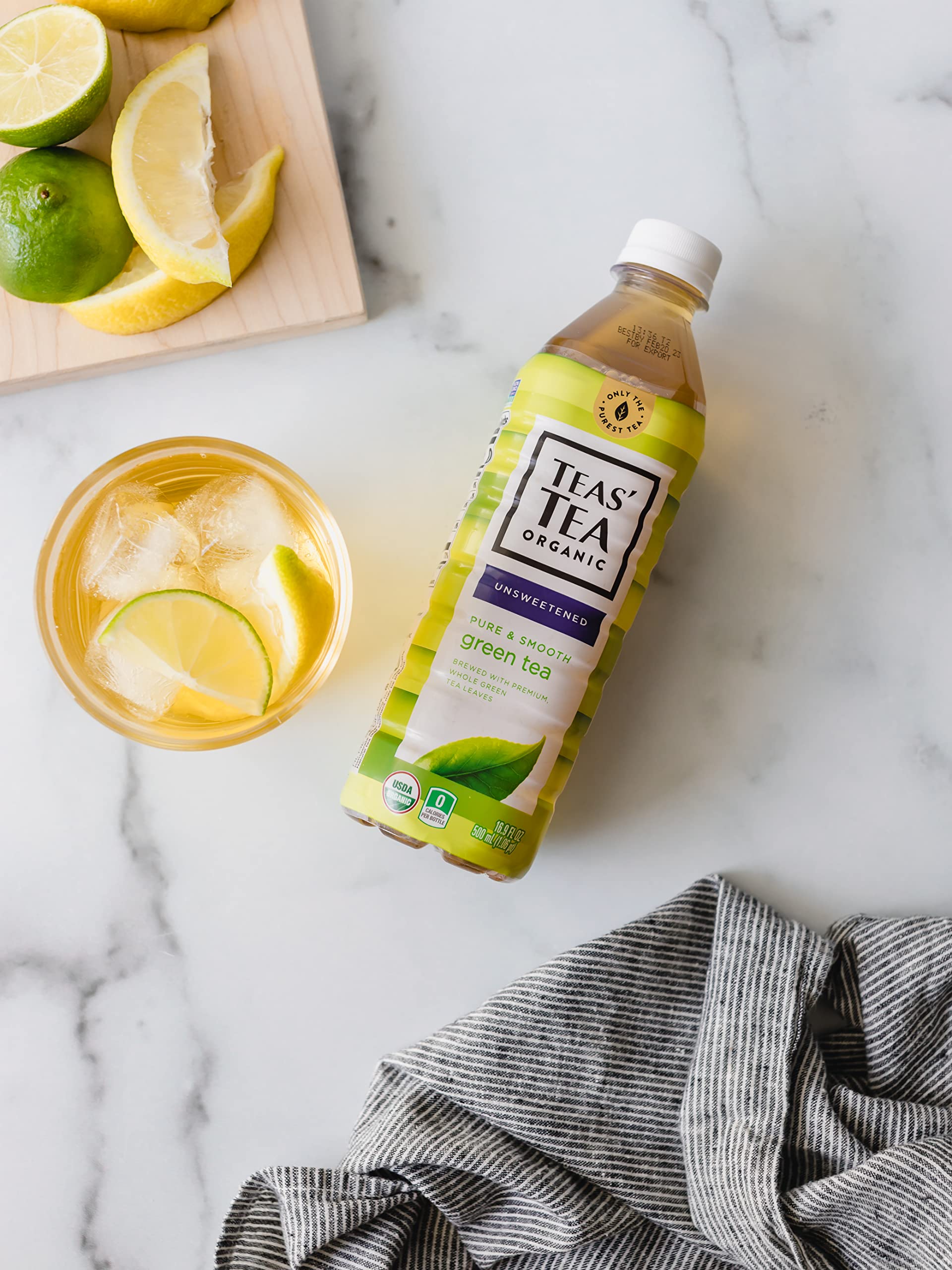 Close look at Teas' Tea Unsweetened Pure Green Tea brew showcasing clarity