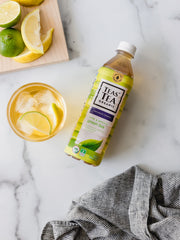 Close look at Teas' Tea Unsweetened Pure Green Tea brew showcasing clarity