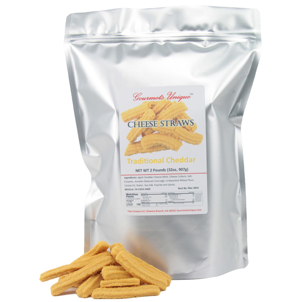 Teas Unique Southern Cheese Straws packaging preserves freshness for entertaining.