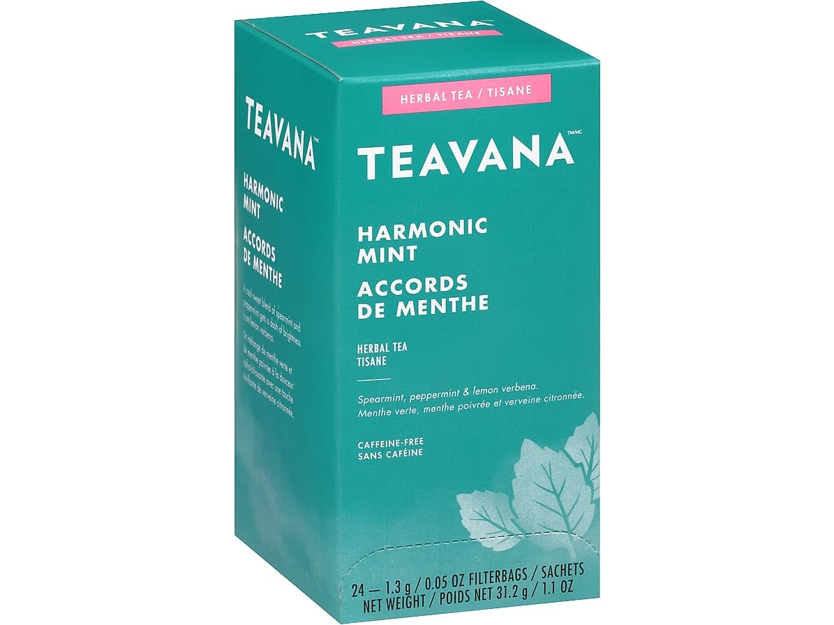 Teavana Harmonic Mint Decaf tea bags in a box, caffeine-free herbal blend for everyday refreshment.