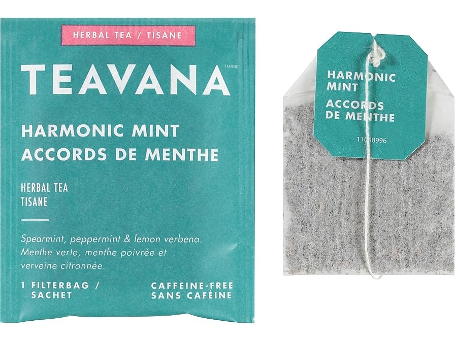 Teavana Harmonic Mint Decaf tea bag in cup, refreshing herbal brew