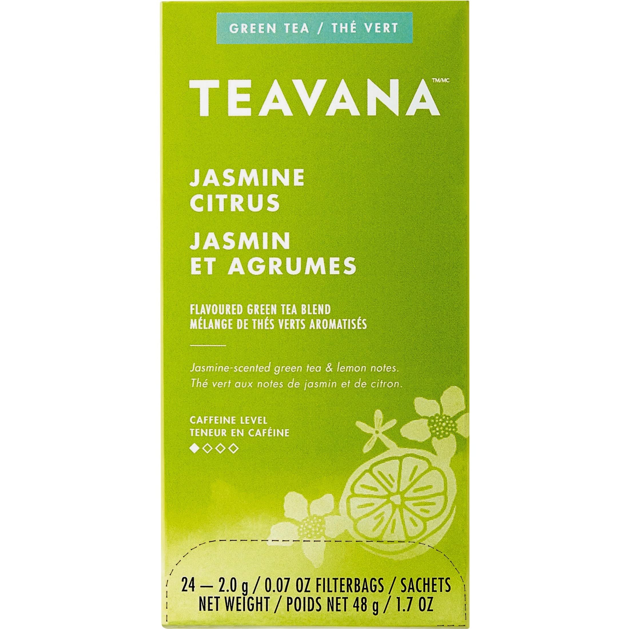 Teavana Jasmine Citrus Green Tea dispenser carton with perforated bottom enabling easy access.