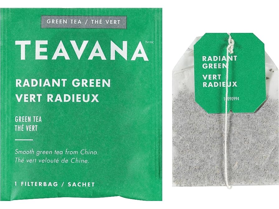 Teavana Radiant Green Tea Bags packaging shown, easy setup for a quick refreshing cup