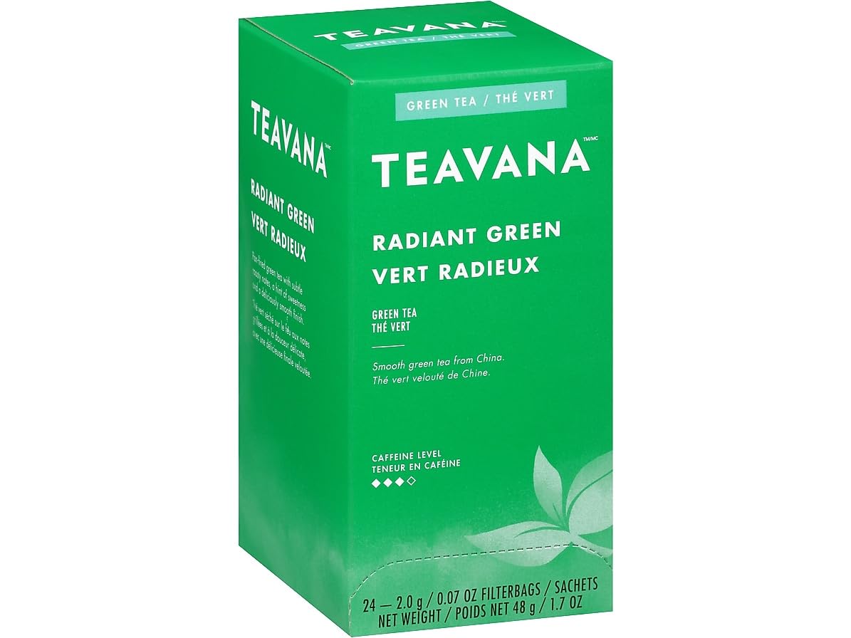 Teavana Radiant Green Tea Bags in box, smooth Chinese green tea flavor.