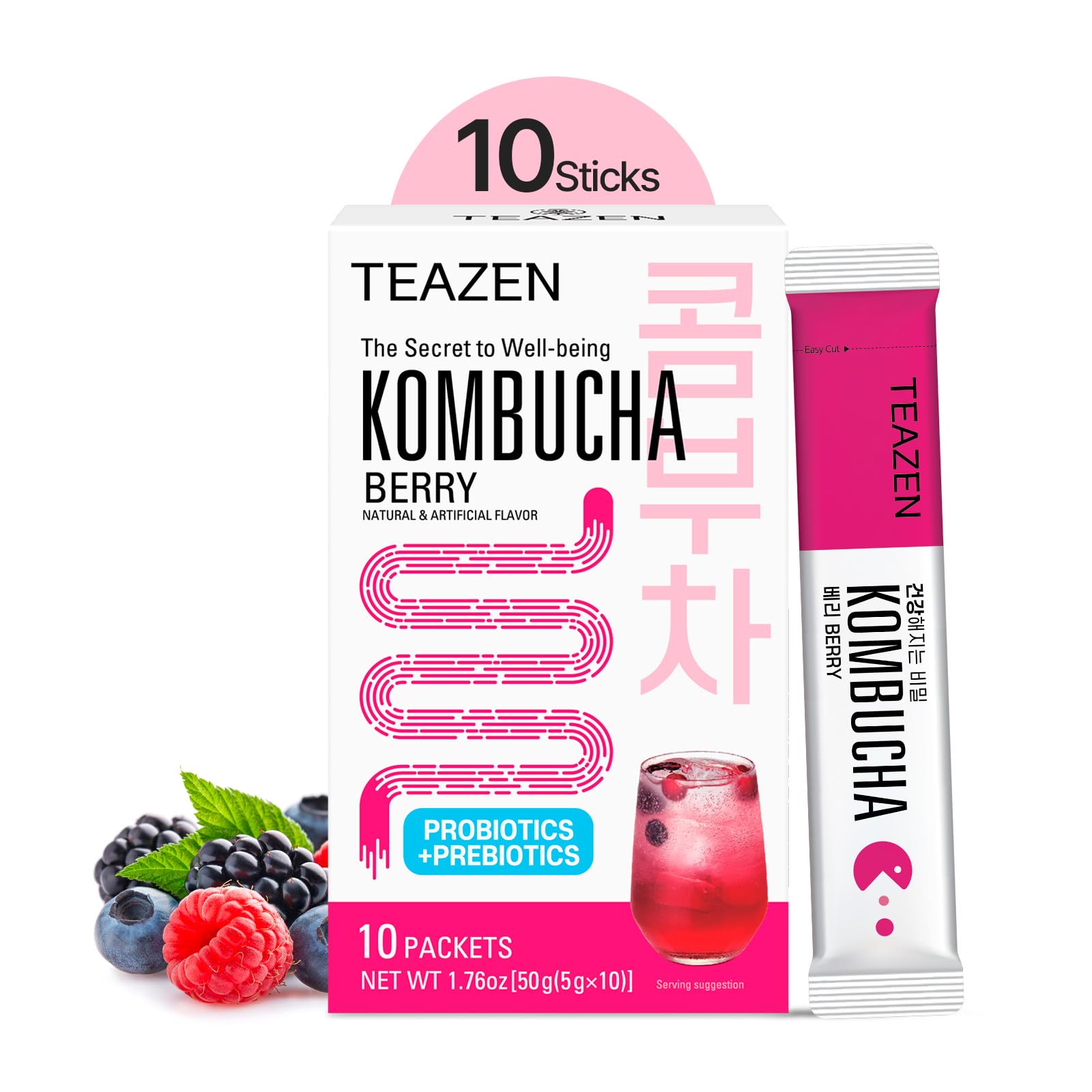 TEAZEN Berry Kombucha packet for quick on-the-go hydration.