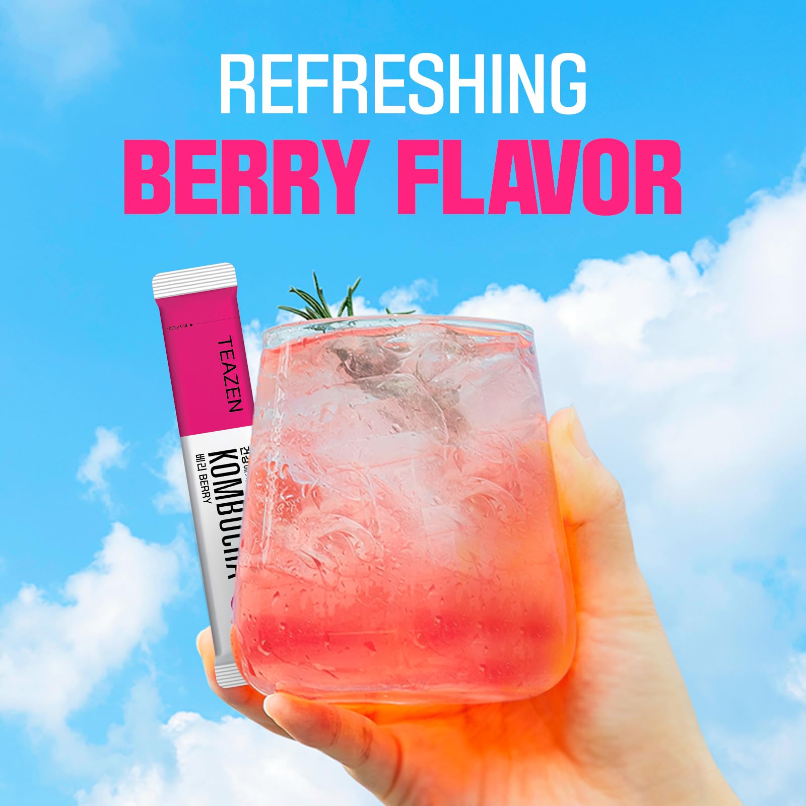 TEAZEN Berry Kombucha ready drink in a glass.