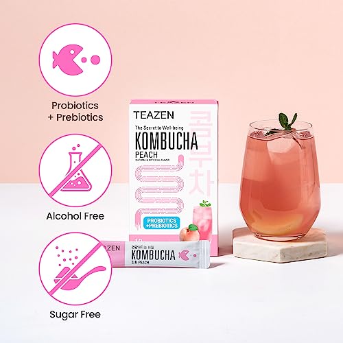 TEAZEN brand peach kombucha packaging shown as a gift-ready option