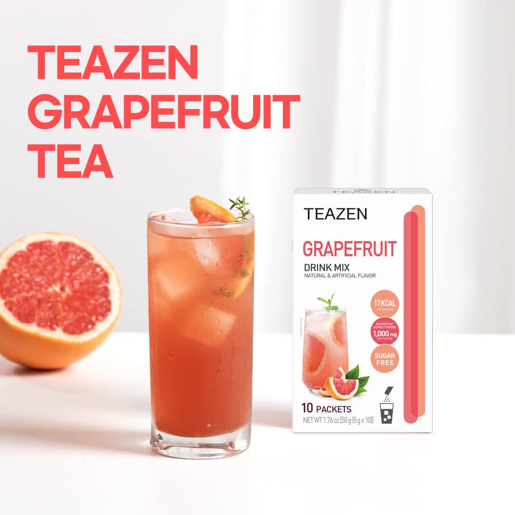 TEAZEN Grapefruit Tea Powder pour-view highlights quick mix with water.