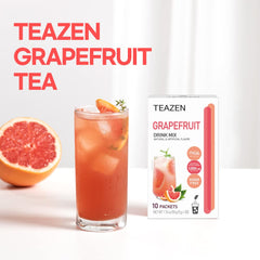 TEAZEN Grapefruit Tea Powder pour-view highlights quick mix with water.