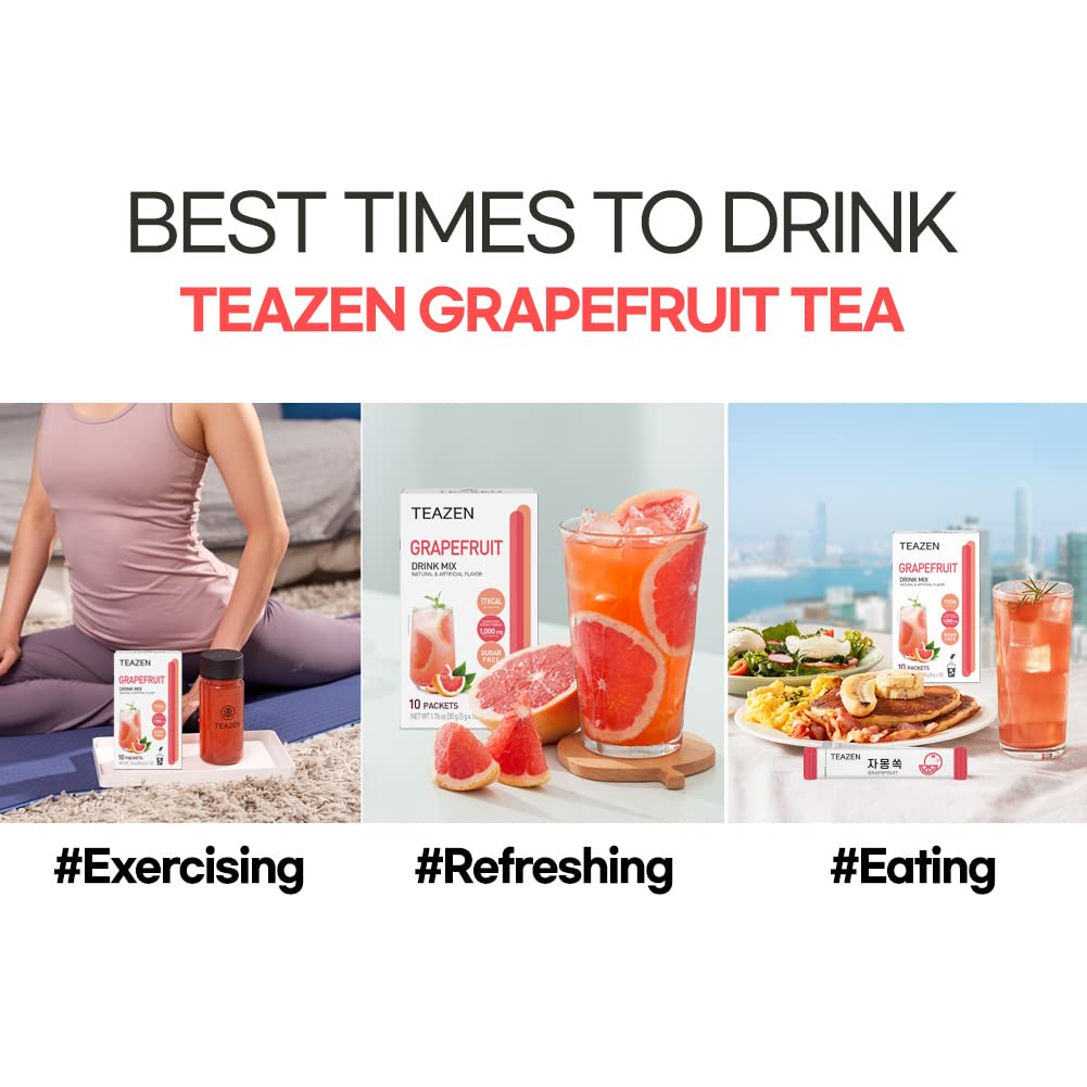 TEAZEN Grapefruit Tea Powder on-the-go packets pictured with a water bottle for easy prep.