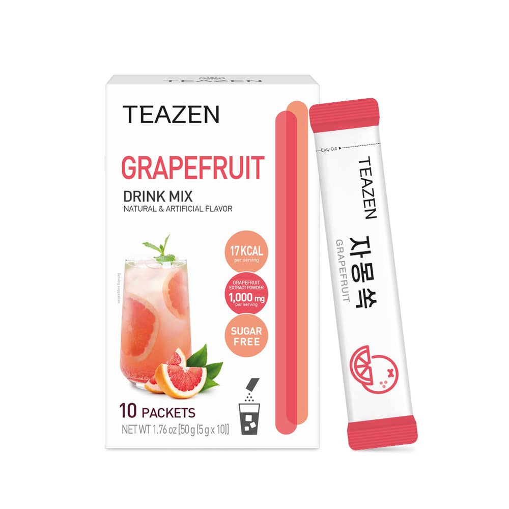 TEAZEN Grapefruit Tea Powder stick-packaging shows on-the-go format for busy days.