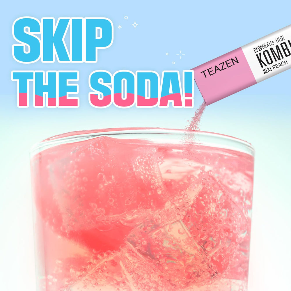 TEAZEN Peach Kombucha served in a refreshing fizzy drink with fruit