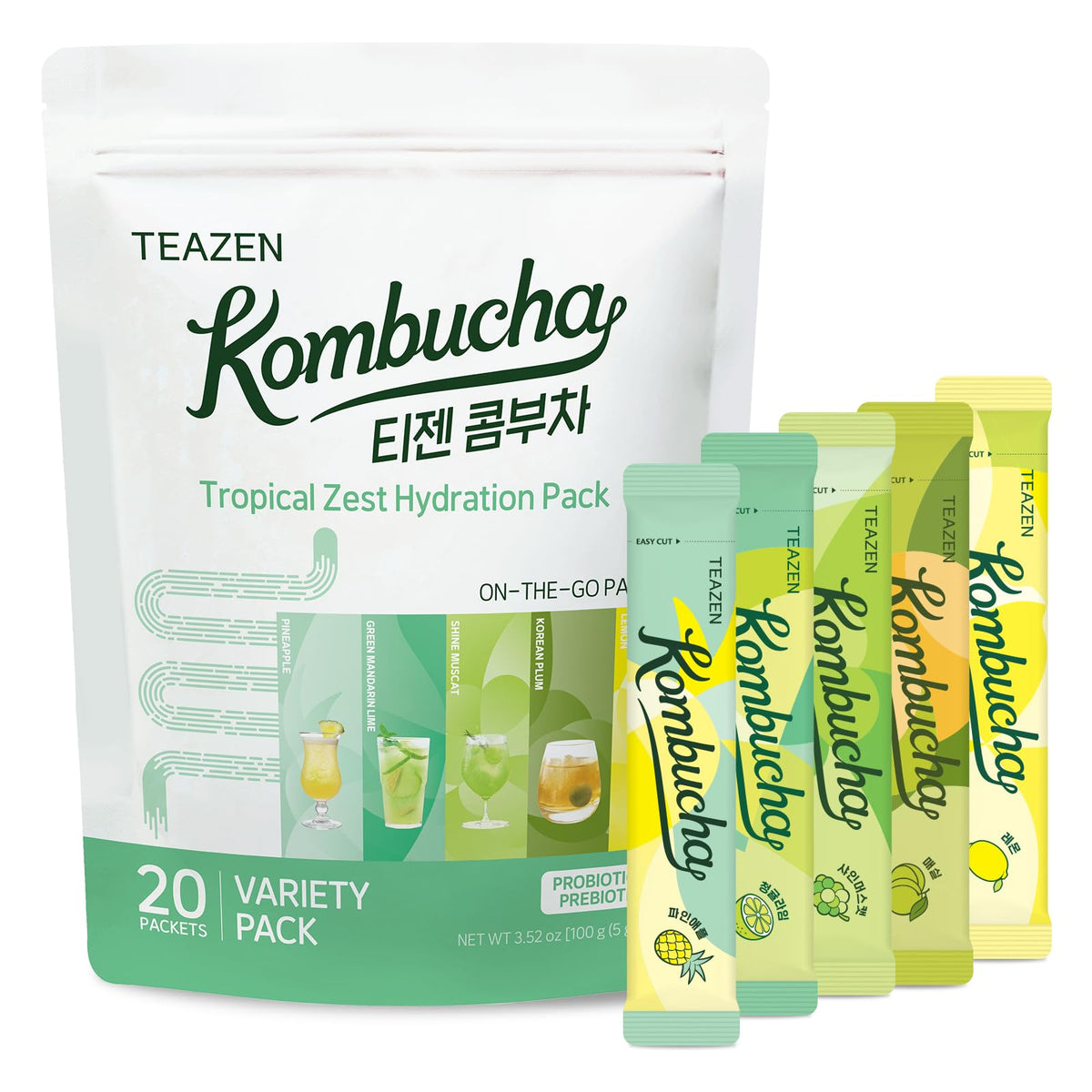 TEAZEN Kombucha Tropical Zest Lemon stick dissolves quickly for a crisp, zesty hydration boost.