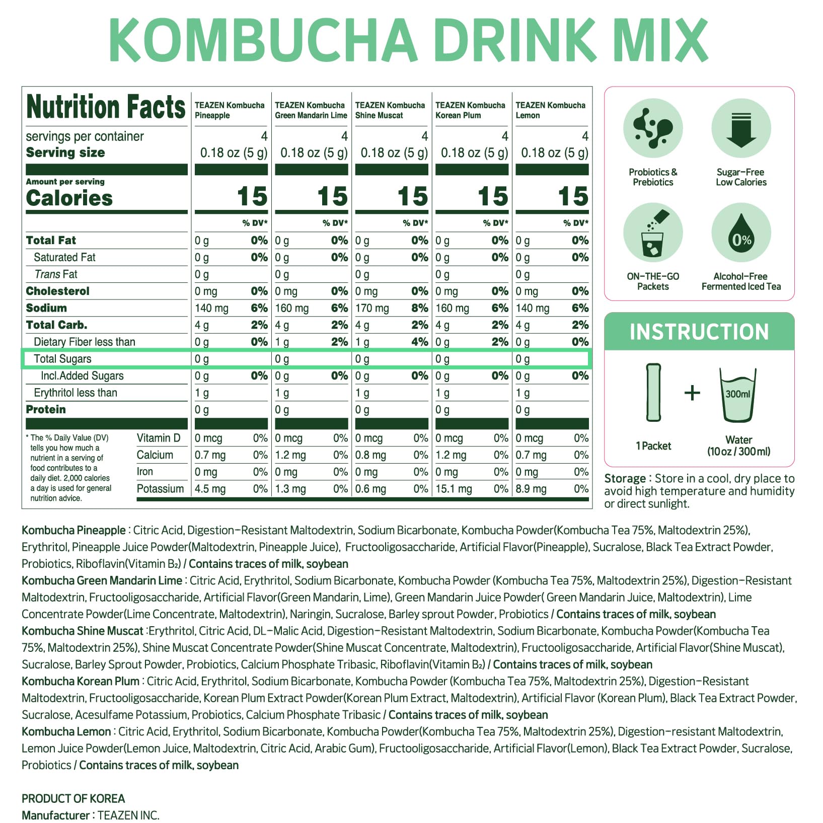 TEAZEN Kombucha Tropical Zest Pineapple stick blends into water for a tropical, sugar-free sip.