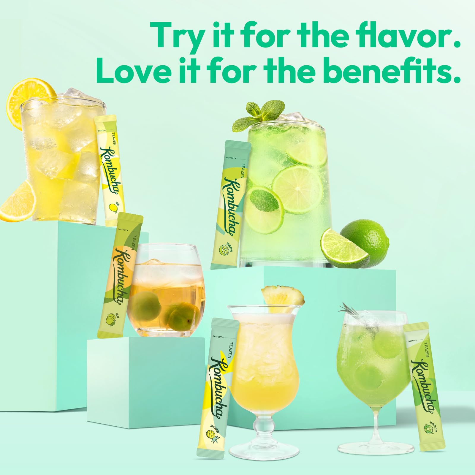 TEAZEN Kombucha Tropical Zest Shine Muscat stick showcases floral aroma and grape sweetness.