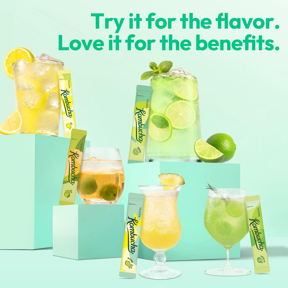 TEAZEN Kombucha Tropical Zest Shine Muscat stick showcases floral aroma and grape sweetness.