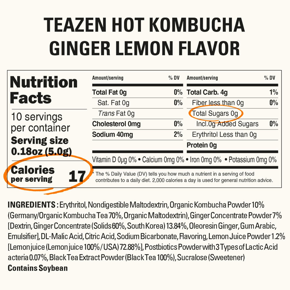 TEAZEN Lemon Ginger ice-kombucha served in a glass for a refreshing cold sip.